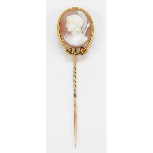 154 - A Victorian 18ct gold mounted shell cameo stickpin, carved to depict a Roman Centurion, 9ct pin, cam... 