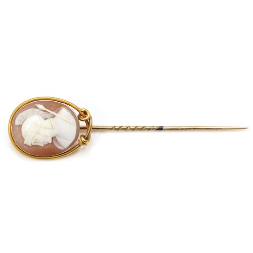 154 - A Victorian 18ct gold mounted shell cameo stickpin, carved to depict a Roman Centurion, 9ct pin, cam... 