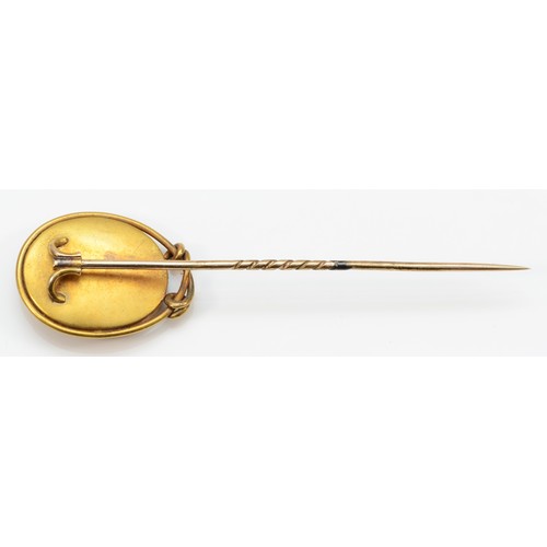 154 - A Victorian 18ct gold mounted shell cameo stickpin, carved to depict a Roman Centurion, 9ct pin, cam... 