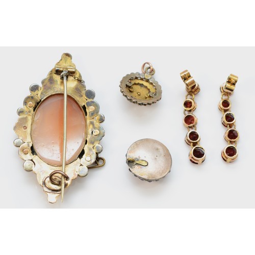 159 - A 19th century low grade Bohemian garnet and shell cameo brooch, two Bohemian cluster drops and a pa... 