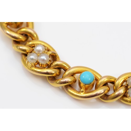 179 - A 15ct gold Victorian turquoise and seed pearl curb link bracelet, 16.3g