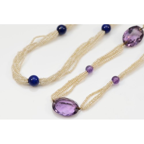 202 - An Edwardian amethyst and seed pearl necklace, 38cm, and a similar lapis lazuli and seed pearl neckl... 