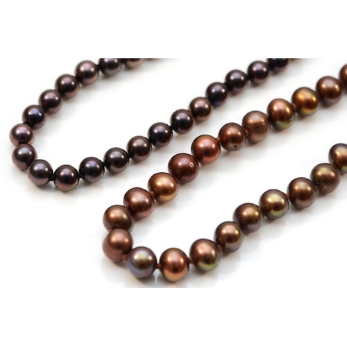 214 - A brown 7mm cultured pearl necklace, 14k gold clasp, 45cm and a similar 6mm black bead necklace, 44c... 