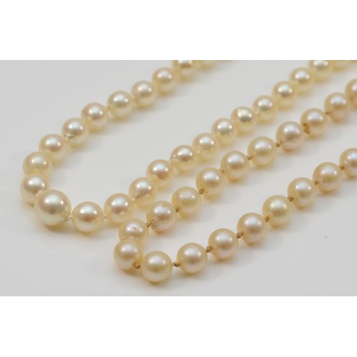 215 - A vintage graduated cultured pearl necklace, 8mm to 4mm, diamond set 9ct gold clasp, 48cm and anothe... 