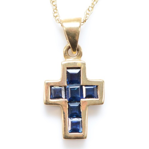 237 - A 9ct gold and sapphire cross pendant, 19mm, chain, 2.2gm