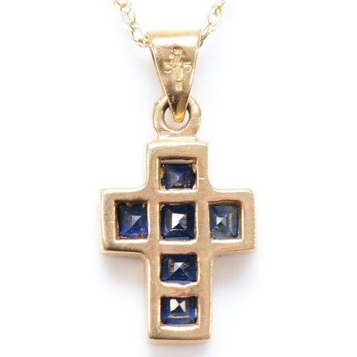 237 - A 9ct gold and sapphire cross pendant, 19mm, chain, 2.2gm