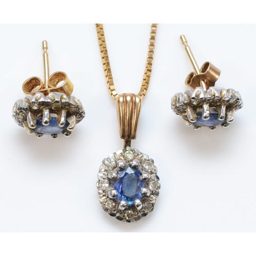 238 - A 9ct gold sapphire and diamond cluster pendant and ear stud set, chain, 4.8gm