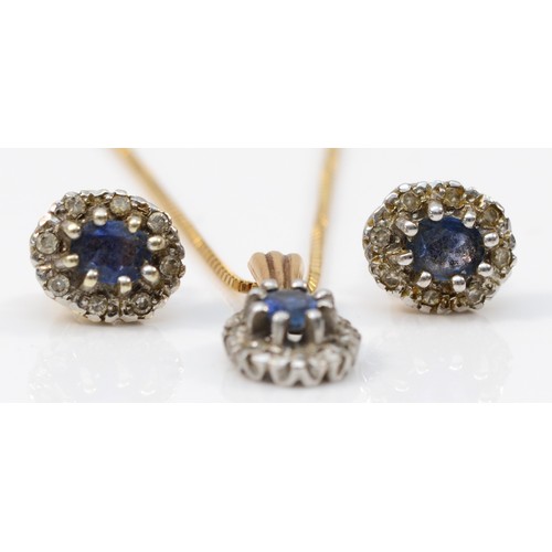 238 - A 9ct gold sapphire and diamond cluster pendant and ear stud set, chain, 4.8gm