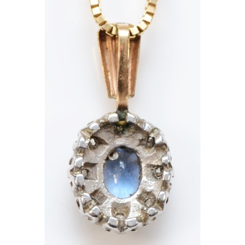 238 - A 9ct gold sapphire and diamond cluster pendant and ear stud set, chain, 4.8gm