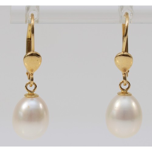 242 - A pair of 14K and 9mm cultured pearl drop ear pendants, 2.7gm