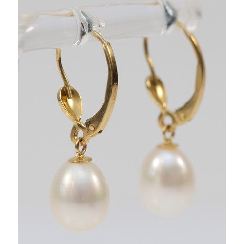 242 - A pair of 14K and 9mm cultured pearl drop ear pendants, 2.7gm