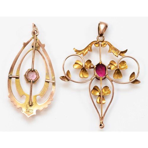 246 - An Edwardian 9ct rose gold and red paste openwork pendant, 39mm and a 9ct rose gold Art Deco pink pa... 