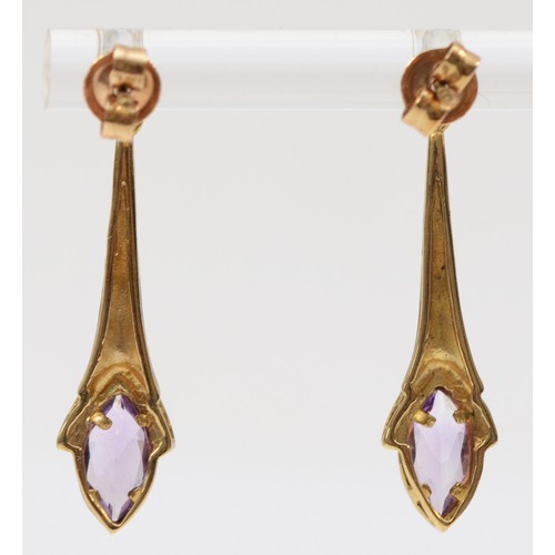 257 - A 9ct gold pair of amethyst ear pendants, 26mm, 2.3gm