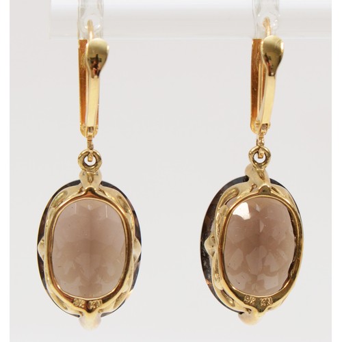 258 - A 9ct gold pair of smokey quartz ear pendants, stones 15 x 11mm, 6.8gm