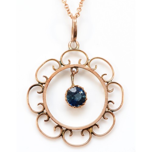 269 - An Edwardian 9ct rose gold and sapphire pendant, diameter 25mm, chain, 3.2gm