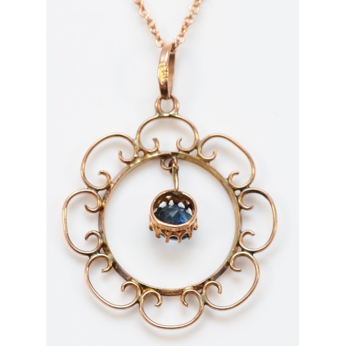 269 - An Edwardian 9ct rose gold and sapphire pendant, diameter 25mm, chain, 3.2gm