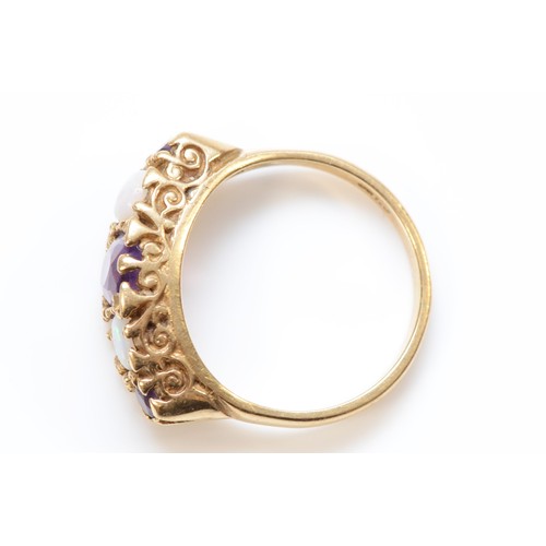 287 - A 9ct gold amethyst and opal five stone ring, carved claw setting, M 1/2, 4gm