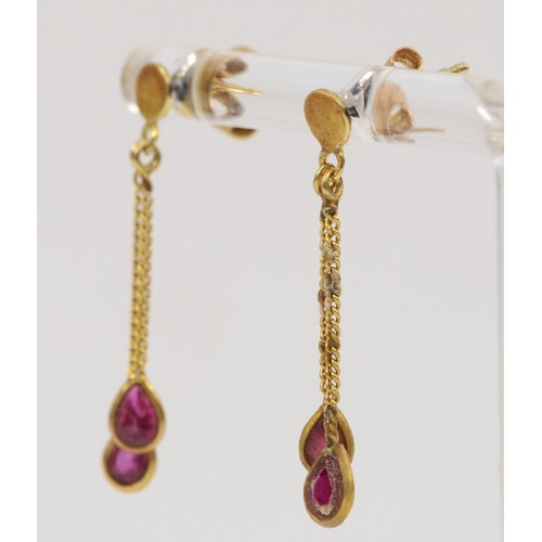 288 - A 9ct gold pair of ruby ear pendants, 23mm, 1.1gm