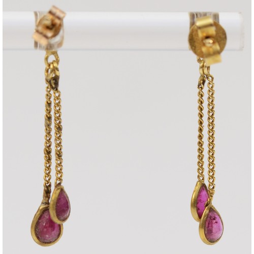 288 - A 9ct gold pair of ruby ear pendants, 23mm, 1.1gm