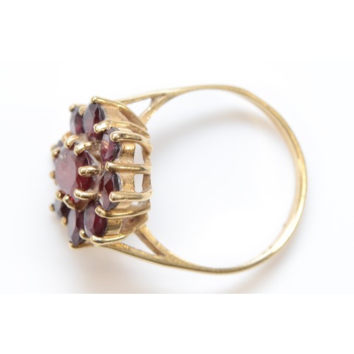 291 - A 9ct gold garnet cluster ring, 15 x 14mm, O 1/2, 3.4gm