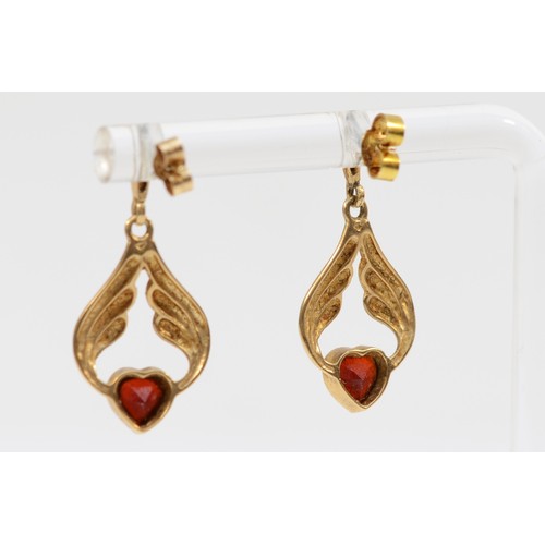 293 - A 9ct gold pair of garnet ear pendants, 24mm, 2gm