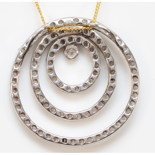 297 - A 9K white gold and brilliant cut diamond triple hoop pendant, diameter 24mm, chain, 3.8gm