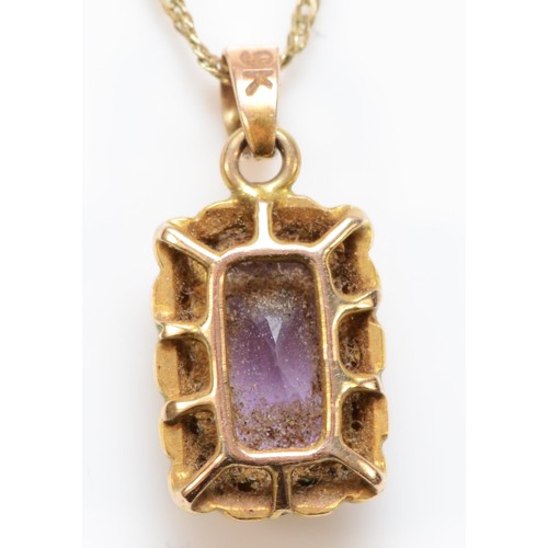 298 - A 9ct gold and amethyst pendant, length 18mm, chain, 2.6gm