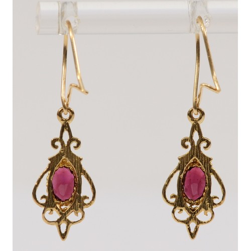 319 - A pair of 9ct gold and garnet ear rings, 20mm, 1.9gm