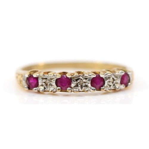 336 - A 9ct gold vintage diamond and ruby seven stone ring, N 1/2, 1.5g