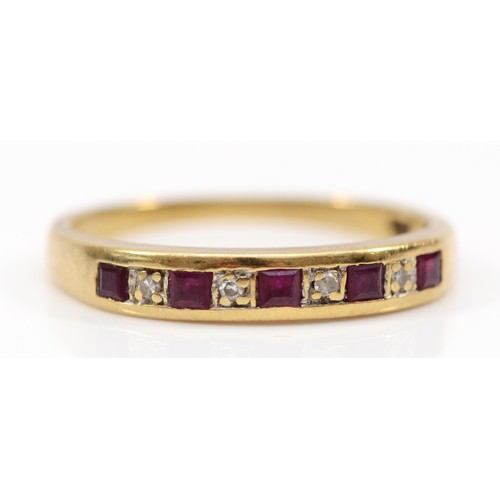 337 - A 9ct gold square cut ruby and diamond half eternity ring, channel set, K, 1.3g