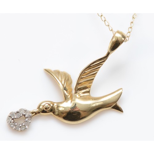 339 - A 9ct gold bird and diamond heart pendant, with necklace, 23mm across, 1.3g