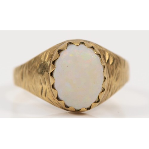 356 - A 9ct gold bezel set opal single stone ring, N, 2g