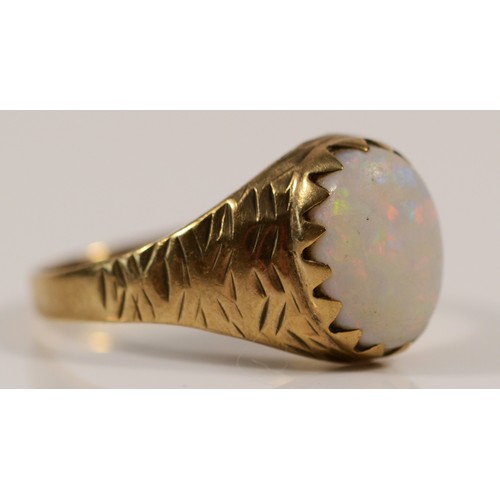 356 - A 9ct gold bezel set opal single stone ring, N, 2g