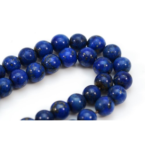 359 - An 18ct gold clasp lapis lazuli single strand necklace, 39.8g