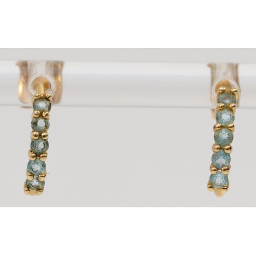 361 - A pair of 9ct gold blue topaz c-hoop earrings with scroll backs, 0.8g