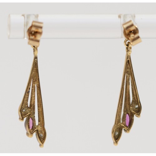 363 - A pair of 9ct gold ruby and diamond drop earrings with scroll backs, 25mm drop, 1.3g