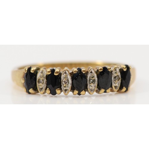 13 - A 9ct gold sapphire and diamond half eternity ring, claw set, L 1/2, 1.6g