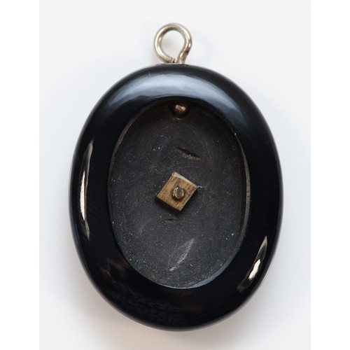 28 - A 9ct gold antique black onyx and seed pearl pendant, 30mm drop, 6.5g