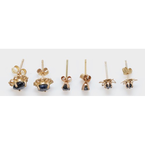 42 - Three pairs of 9ct gold sapphire stud earrings with scroll backs, 1.8g