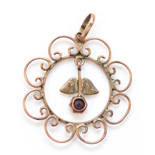 45 - A 9ct rose gold antique amethyst and seed pearl pendant, 25mm, 1.8g