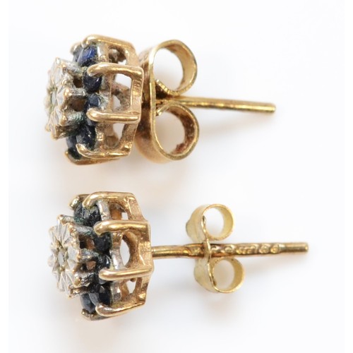 50 - A pair of 9ct gold sapphire and diamond cluster earrings with scroll backs, 1.4g