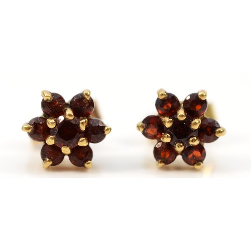 51 - A pair of 9ct gold garnet cluster earrings with scroll backs, 1.4g