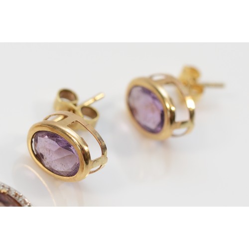 54 - Two pairs of 9ct gold amethyst and diamond earrings, with scroll backs, 3g