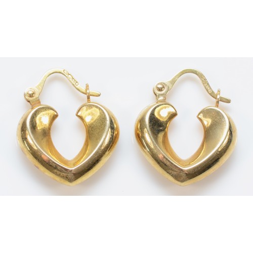 55 - A pair of 9ct gold heart shaped hoop earrings, 1.8g