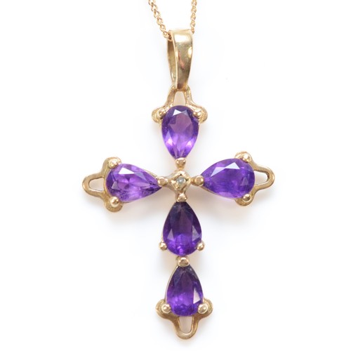 67 - A 9ctg old amethyst and diamond set cross pendant with necklace, 25mm cross length, 2.8g