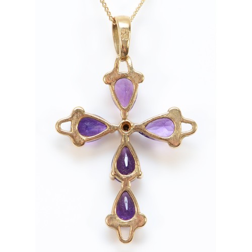 67 - A 9ctg old amethyst and diamond set cross pendant with necklace, 25mm cross length, 2.8g