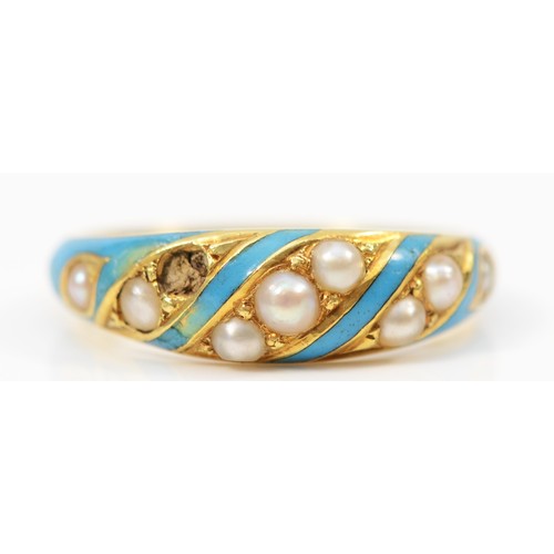 75 - A 14K gold seed pearl and blue enamel ring, one setting vacant, J 1/2, 2.9g