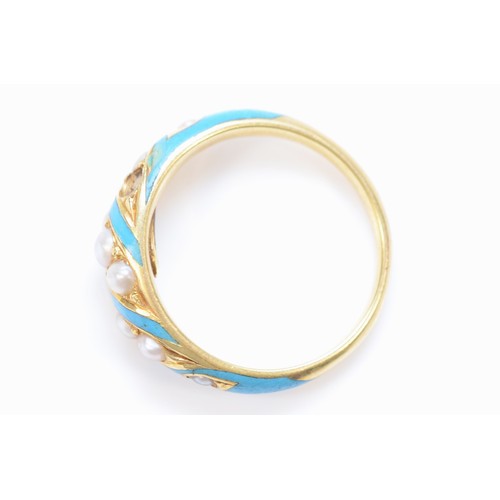 75 - A 14K gold seed pearl and blue enamel ring, one setting vacant, J 1/2, 2.9g