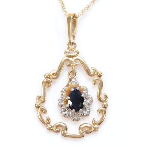 86 - A 9ct gold sapphire and diamond accented teardrop pendant with necklace, 30mm drop, 2.7g