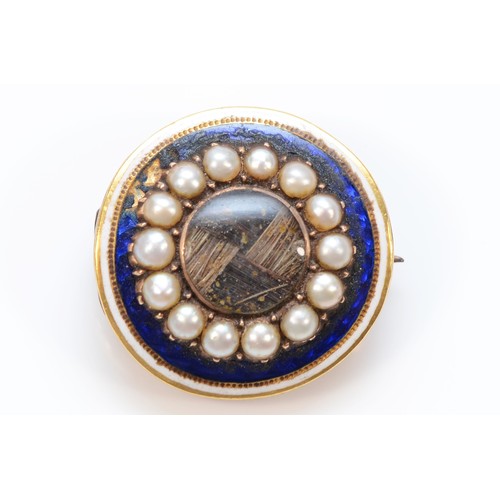 A 9ct rose gold antique split pearl, blue and white enamel and woven hair locket brooch, 20mm diameter, 5.8g